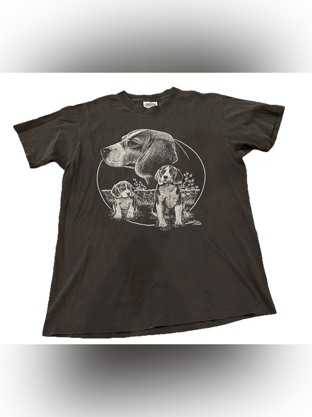 Vintage Oneita Beagle Dog Puppy T-Shirt Medium M Black Made in USA Animal Art